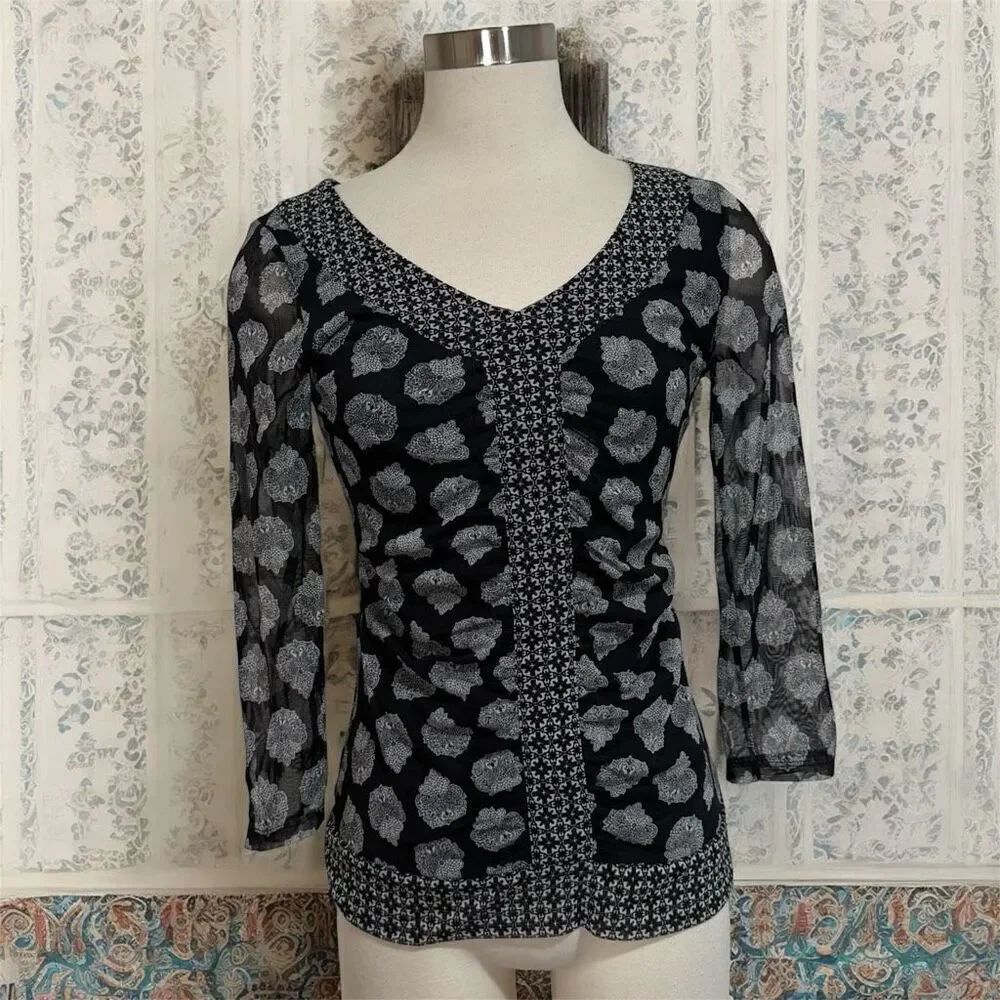 Inc International Concepts Black Paisley Floral Boho Blouse Top Medium